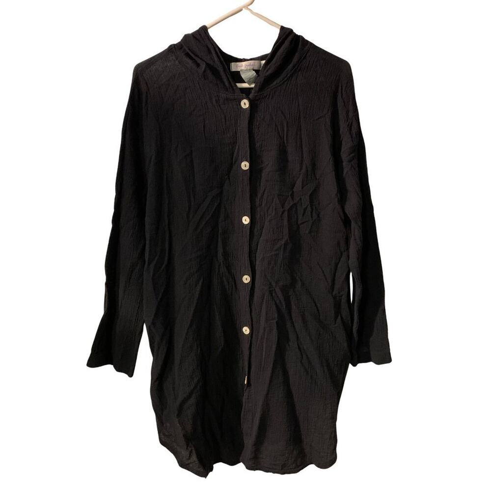 Fresh Produce Womens Cotton Gauze Tunic Top Sz M Black Lagenlook Oversized Hood